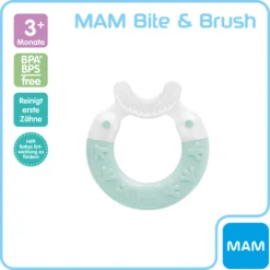 MAM Bijtring Bite & Brush 3+ Maanden, 1 Stuk, Turquoise -Kleine Wondertjes mam bijtring bite amp brush 3 maanden 1 stuk turquoise a383307 1